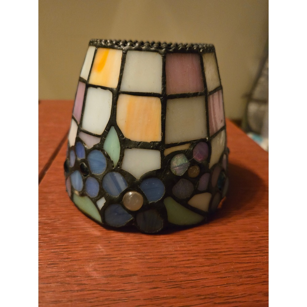 Vintage Stained Glass Lamp Shade Floral Pastel Mosaic Leaded Glass Small Shade - Picture 4 of 12